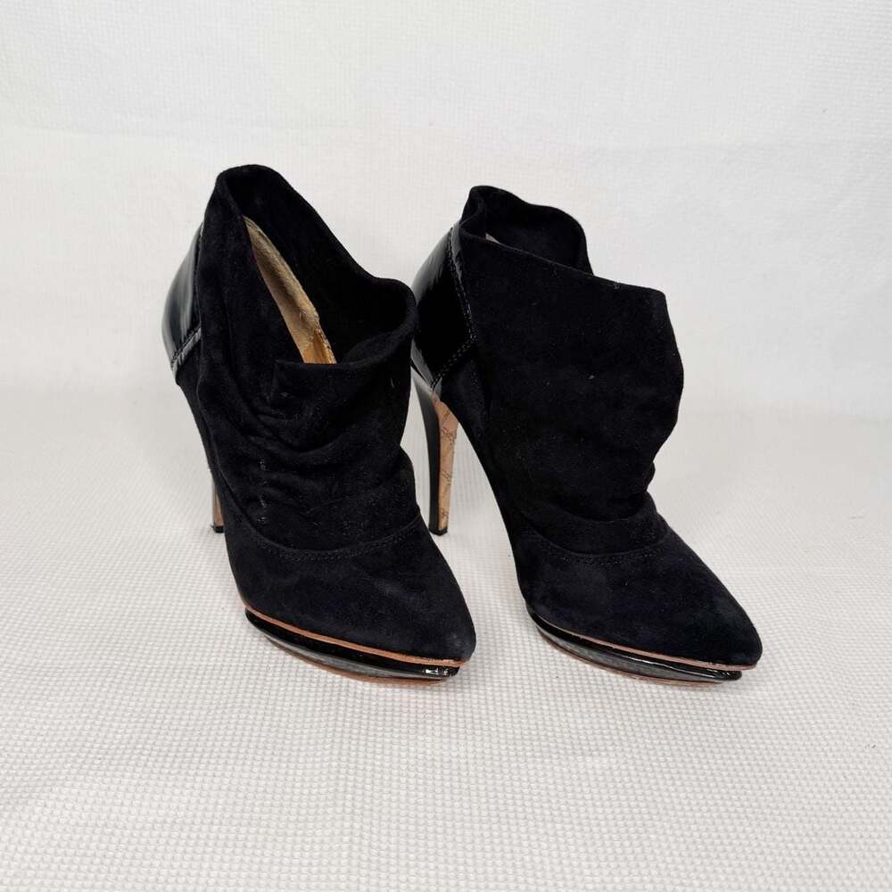 L.A.M.B. Gwen Stefani Black Suede Slouchy Ruched Ankle Bootie Platform SZ 5.5